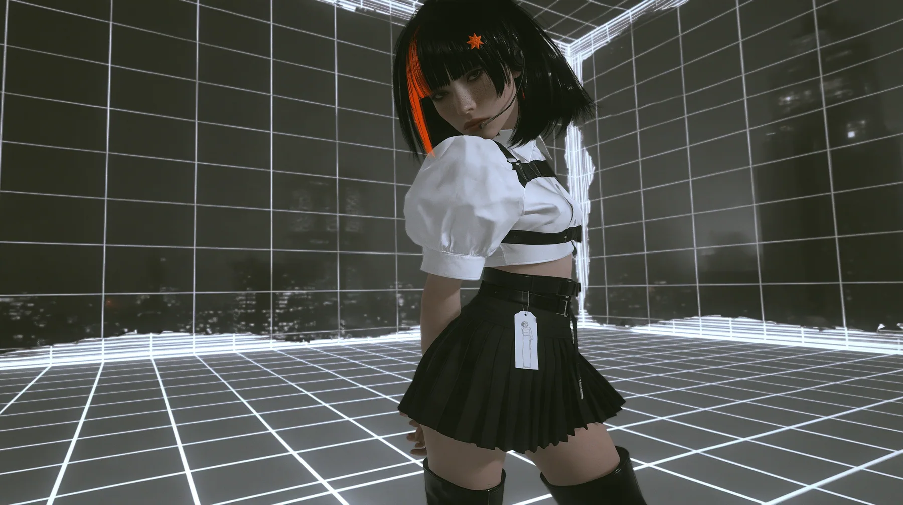 a white wireframe grid test arena floor and walls peeling away like paper to reveal a dark foggy city behind, a young Caucasian American woman with pale skin and light freckles, a glossy black blunt jaw-length bob…