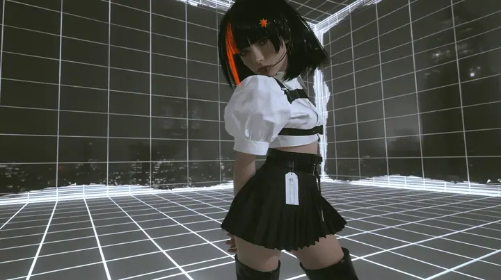 a white wireframe grid test arena floor and walls peeling away like paper to reveal a dark foggy city behind, a young Caucasian American woman with pale skin and light freckles, a glossy black blunt jaw-length bob…