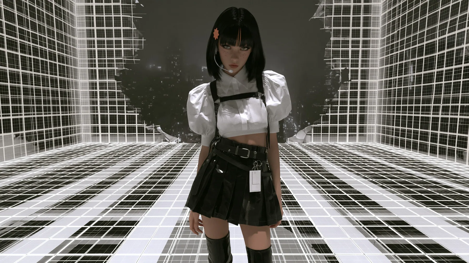 a white wireframe grid test arena floor and walls peeling away like paper to reveal a dark foggy city behind, a young Caucasian American woman with pale skin and light freckles, a glossy black blunt jaw-length bob…