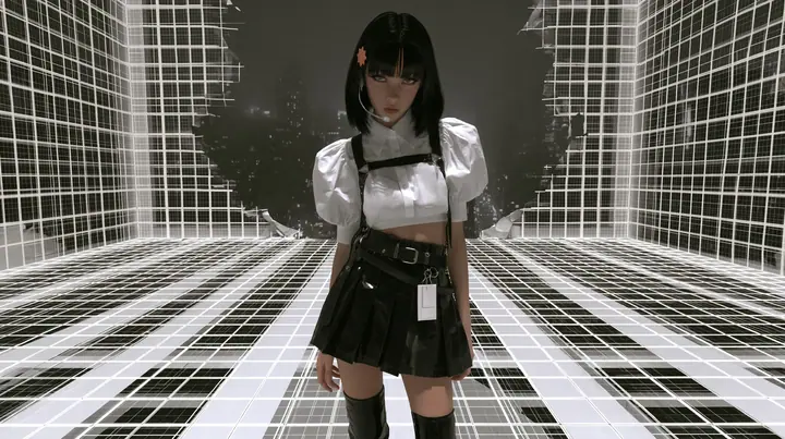 a white wireframe grid test arena floor and walls peeling away like paper to reveal a dark foggy city behind, a young Caucasian American woman with pale skin and light freckles, a glossy black blunt jaw-length bob…