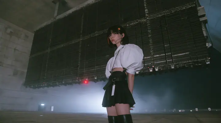 a colossal mechanical split-flap departures board hanging in a dark concrete hall, all flaps blank black, a young Caucasian American woman with pale skin and light freckles, a glossy black blunt jaw-length bob with…