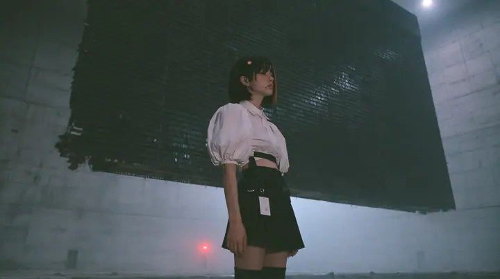 a colossal mechanical split-flap departures board hanging in a dark concrete hall, all flaps blank black, a young Caucasian American woman with pale skin and light freckles, a glossy black blunt jaw-length bob with…