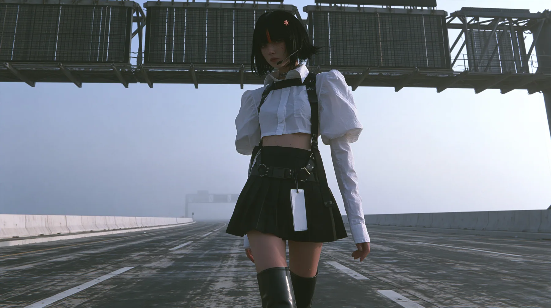 a young Caucasian American woman with pale skin and light freckles, a glossy black blunt jaw-length bob with heavy bangs and one clay-orange streak through the bangs, a small flat clay-orange eight-pointed star hair…