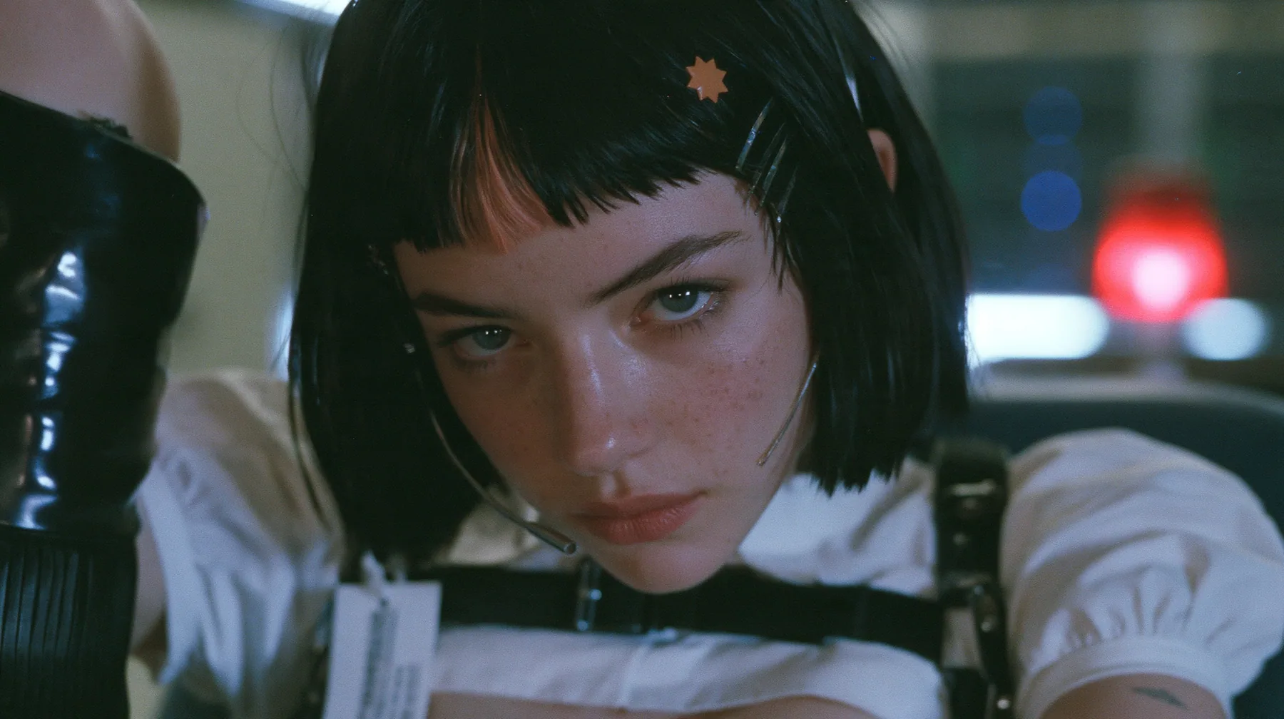 close-up portrait of a young Caucasian American woman with pale skin and light freckles, a glossy black blunt jaw-length bob with heavy bangs and one clay-orange streak through the bangs, a small flat clay-orange…