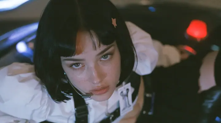 close-up portrait of a young Caucasian American woman with pale skin and light freckles, a glossy black blunt jaw-length bob with heavy bangs and one clay-orange streak through the bangs, a small flat clay-orange…