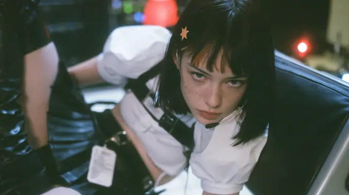 close-up portrait of a young Caucasian American woman with pale skin and light freckles, a glossy black blunt jaw-length bob with heavy bangs and one clay-orange streak through the bangs, a small flat clay-orange…