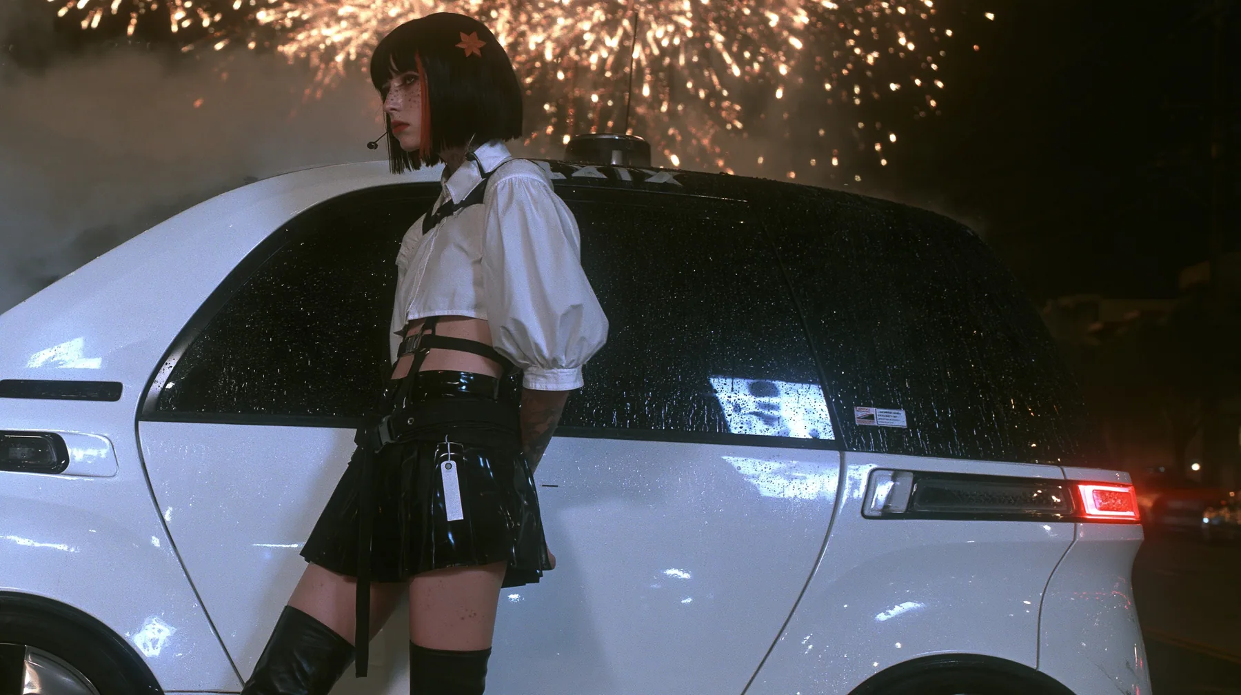 a driverless white robotaxi stopped in a Mission District street at night while fireworks burst low overhead and sparks rain onto its roof, smoke, a young Caucasian American woman with pale skin and light freckles, a…