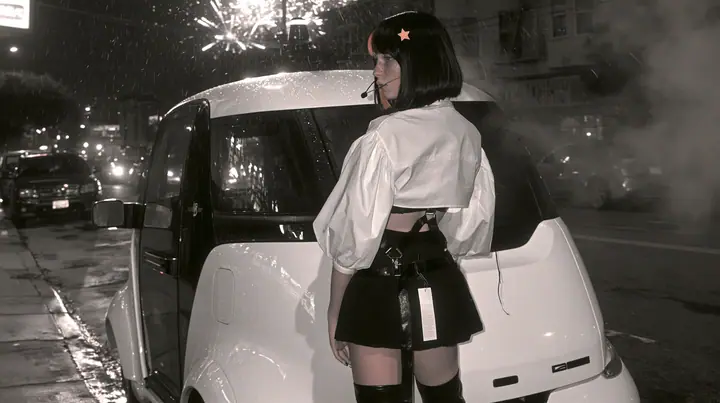 a driverless white robotaxi stopped in a Mission District street at night while fireworks burst low overhead and sparks rain onto its roof, smoke, a young Caucasian American woman with pale skin and light freckles, a…