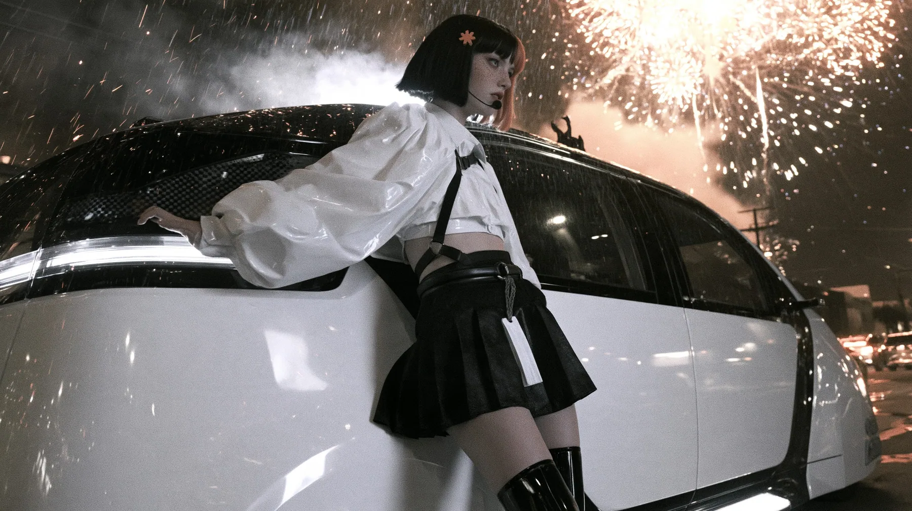 a driverless white robotaxi stopped in a Mission District street at night while fireworks burst low overhead and sparks rain onto its roof, smoke, a young Caucasian American woman with pale skin and light freckles, a…