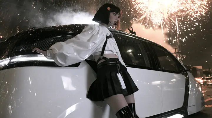 a driverless white robotaxi stopped in a Mission District street at night while fireworks burst low overhead and sparks rain onto its roof, smoke, a young Caucasian American woman with pale skin and light freckles, a…