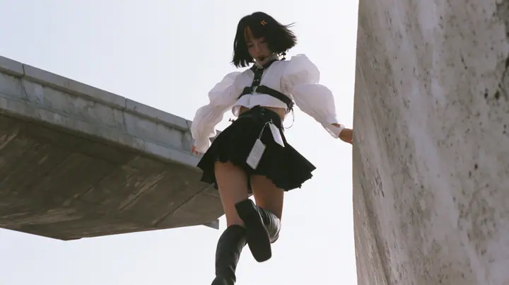 an elevated concrete freeway ramp that ends abruptly in the air against a pure white overexposed sky, a young Caucasian American woman with pale skin and light freckles, a glossy black blunt jaw-length bob with heavy…