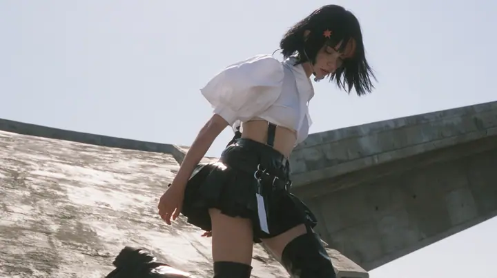 an elevated concrete freeway ramp that ends abruptly in the air against a pure white overexposed sky, a young Caucasian American woman with pale skin and light freckles, a glossy black blunt jaw-length bob with heavy…