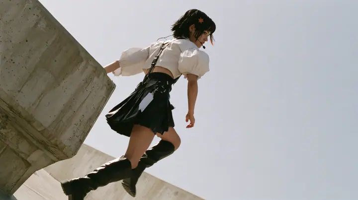 an elevated concrete freeway ramp that ends abruptly in the air against a pure white overexposed sky, a young Caucasian American woman with pale skin and light freckles, a glossy black blunt jaw-length bob with heavy…
