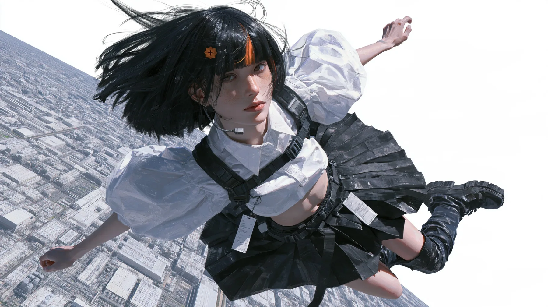 a young Caucasian American woman with pale skin and light freckles, a glossy black blunt jaw-length bob with heavy bangs and one clay-orange streak through the bangs, a small flat clay-orange eight-pointed star hair…