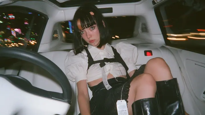a young Caucasian American woman with pale skin and light freckles, a glossy black blunt jaw-length bob with heavy bangs and one clay-orange streak through the bangs, a small flat clay-orange eight-pointed star hair…
