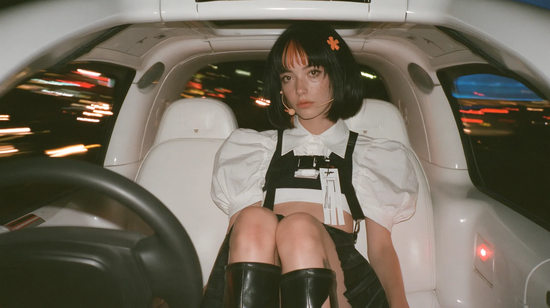 a young Caucasian American woman with pale skin and light freckles, a glossy black blunt jaw-length bob with heavy bangs and one clay-orange streak through the bangs, a small flat clay-orange eight-pointed star hair…