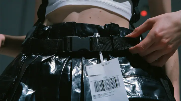 close-up of a young Caucasian American woman with pale skin and light freckles,'s hand pulling a black utility harness strap tight over a black pleated coated-nylon skirt, a white garment tag with a barcode hanging…