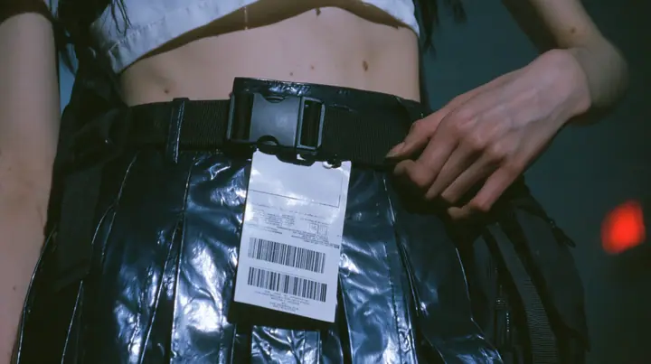 close-up of a young Caucasian American woman with pale skin and light freckles,'s hand pulling a black utility harness strap tight over a black pleated coated-nylon skirt, a white garment tag with a barcode hanging…