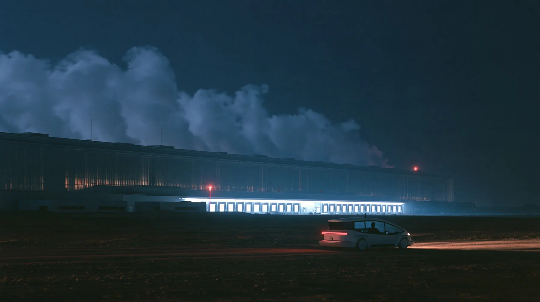 a vast low datacenter on a black plain at night, steam plumes rising from its roof, a row of loading bays lit white, one red aviation lamp, a small white robotaxi turning into the nearest bay, a passenger silhouette…
