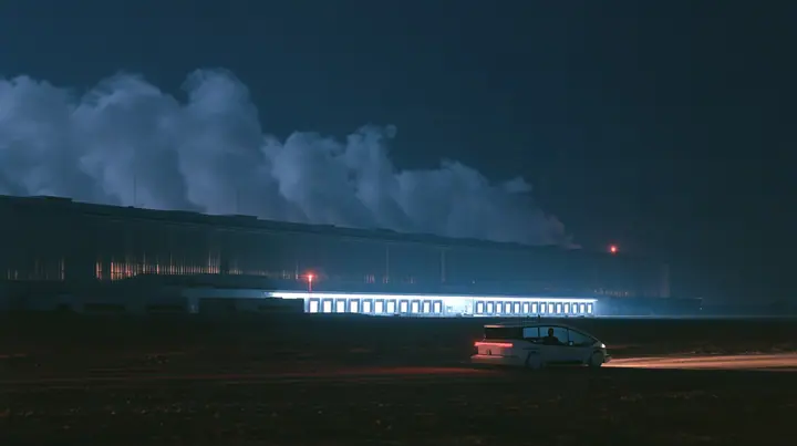 a vast low datacenter on a black plain at night, steam plumes rising from its roof, a row of loading bays lit white, one red aviation lamp, a small white robotaxi turning into the nearest bay, a passenger silhouette…