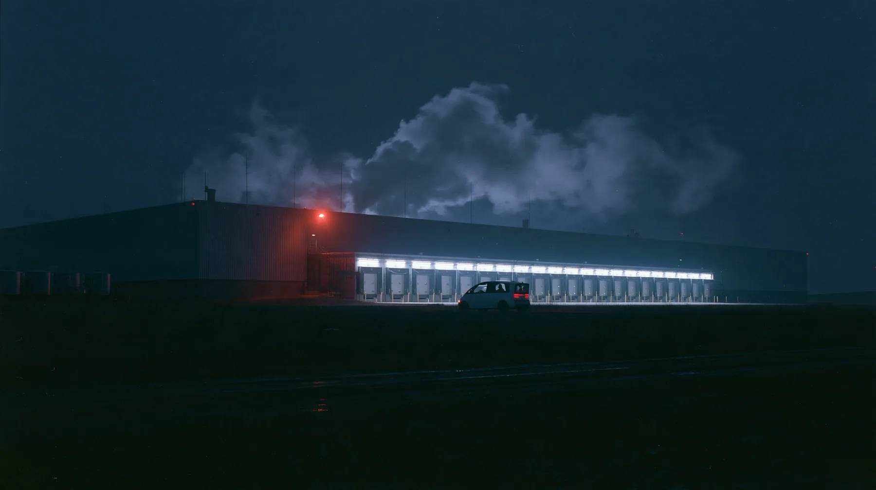 a vast low datacenter on a black plain at night, steam plumes rising from its roof, a row of loading bays lit white, one red aviation lamp, a small white robotaxi turning into the nearest bay, a passenger silhouette…