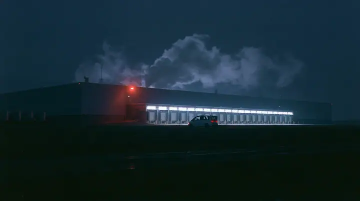 a vast low datacenter on a black plain at night, steam plumes rising from its roof, a row of loading bays lit white, one red aviation lamp, a small white robotaxi turning into the nearest bay, a passenger silhouette…