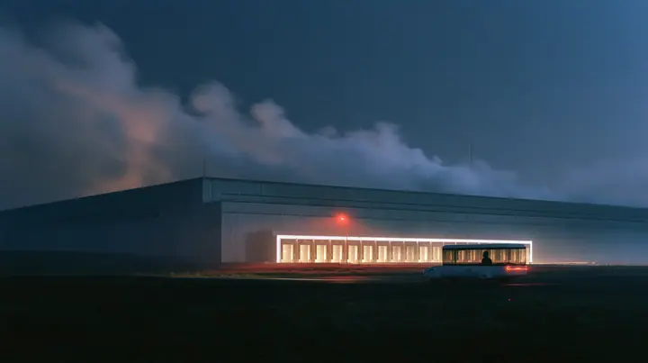 a vast low datacenter on a black plain at night, steam plumes rising from its roof, a row of loading bays lit white, one red aviation lamp, a small white robotaxi turning into the nearest bay, a passenger silhouette…