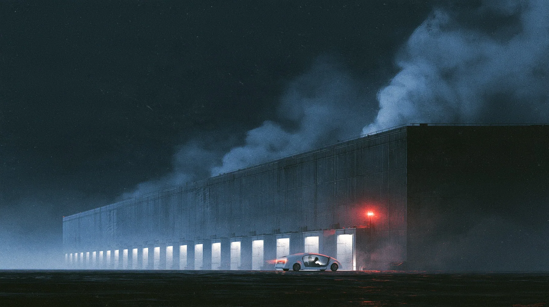 a vast low datacenter on a black plain at night, steam plumes rising from its roof, a row of loading bays lit white, one red aviation lamp, a small white robotaxi turning into the nearest bay, a passenger silhouette…