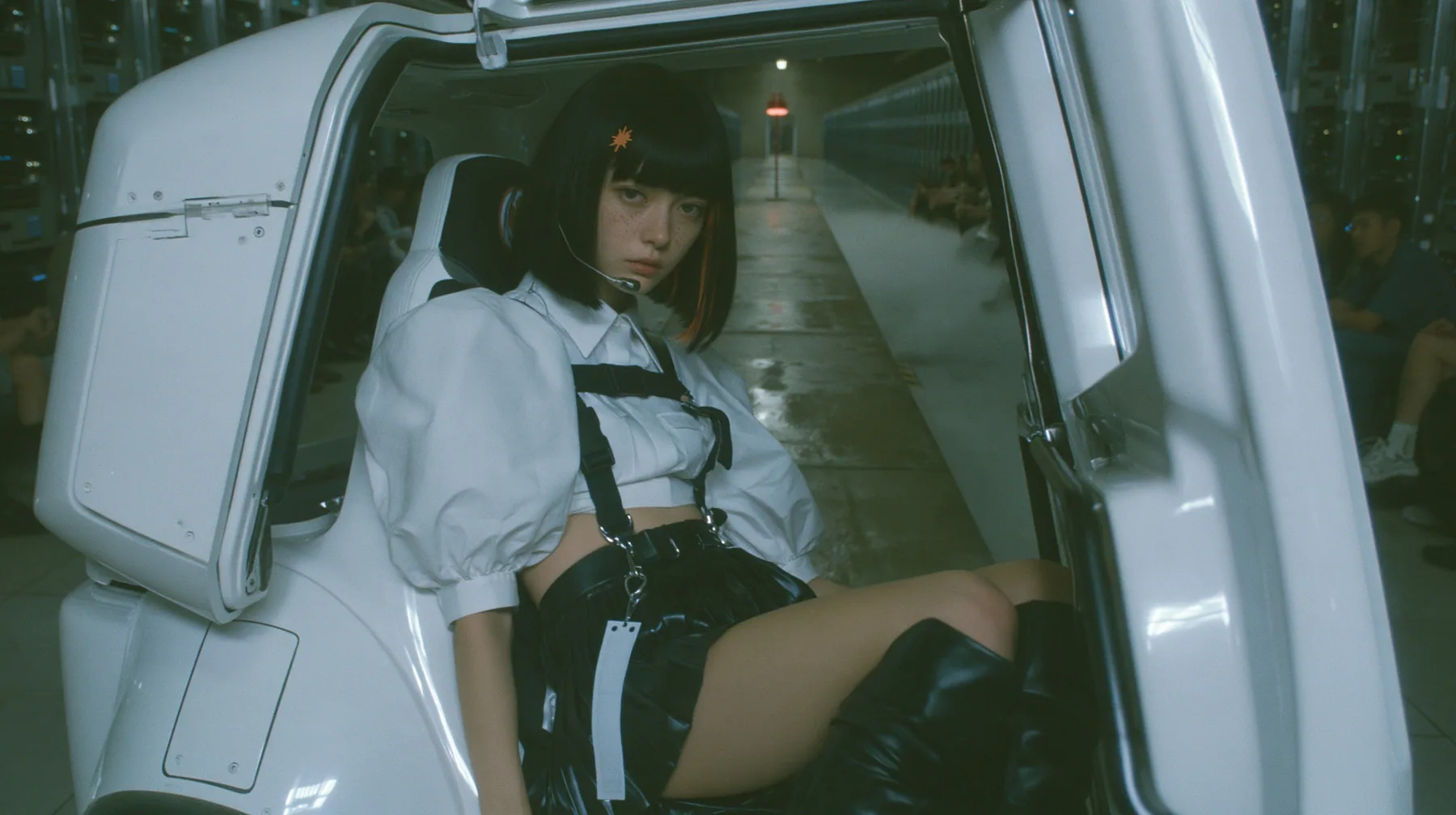 a white robotaxi parked inside a vast dark data hall with its gull-wing rear door raised, a young Caucasian American woman with pale skin and light freckles, a glossy black blunt jaw-length bob with heavy bangs and…