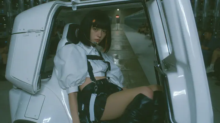 a white robotaxi parked inside a vast dark data hall with its gull-wing rear door raised, a young Caucasian American woman with pale skin and light freckles, a glossy black blunt jaw-length bob with heavy bangs and…
