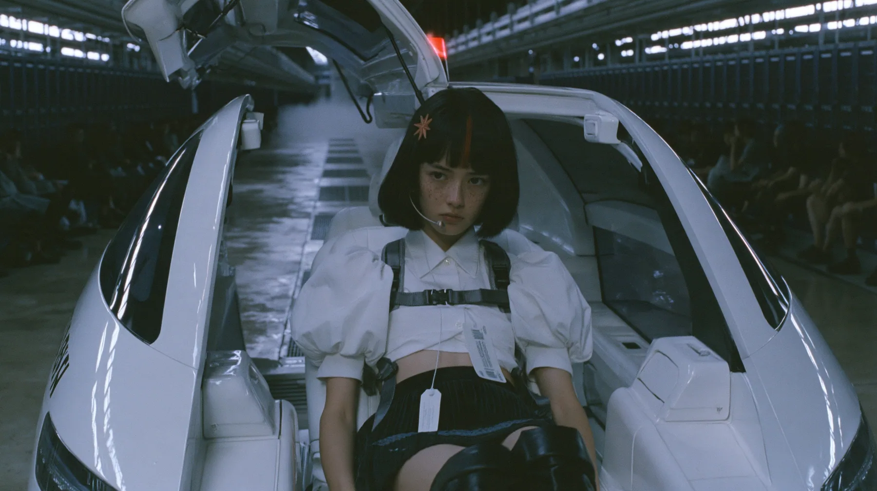 a white robotaxi parked inside a vast dark data hall with its gull-wing rear door raised, a young Caucasian American woman with pale skin and light freckles, a glossy black blunt jaw-length bob with heavy bangs and…