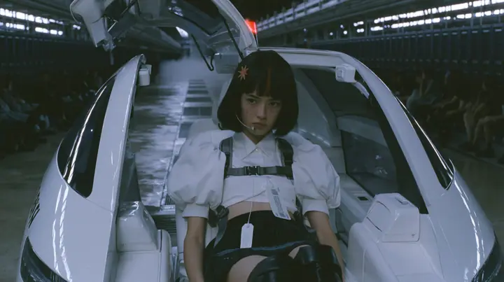 a white robotaxi parked inside a vast dark data hall with its gull-wing rear door raised, a young Caucasian American woman with pale skin and light freckles, a glossy black blunt jaw-length bob with heavy bangs and…
