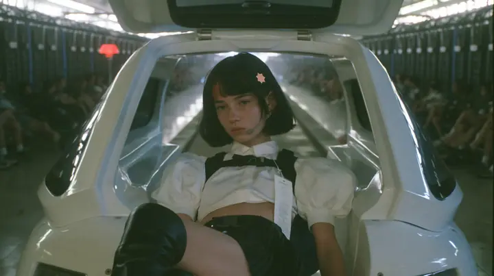 a white robotaxi parked inside a vast dark data hall with its gull-wing rear door raised, a young Caucasian American woman with pale skin and light freckles, a glossy black blunt jaw-length bob with heavy bangs and…