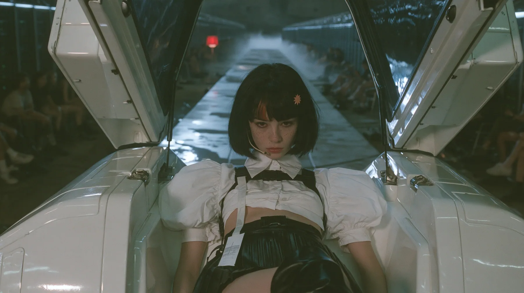 a white robotaxi parked inside a vast dark data hall with its gull-wing rear door raised, a young Caucasian American woman with pale skin and light freckles, a glossy black blunt jaw-length bob with heavy bangs and…