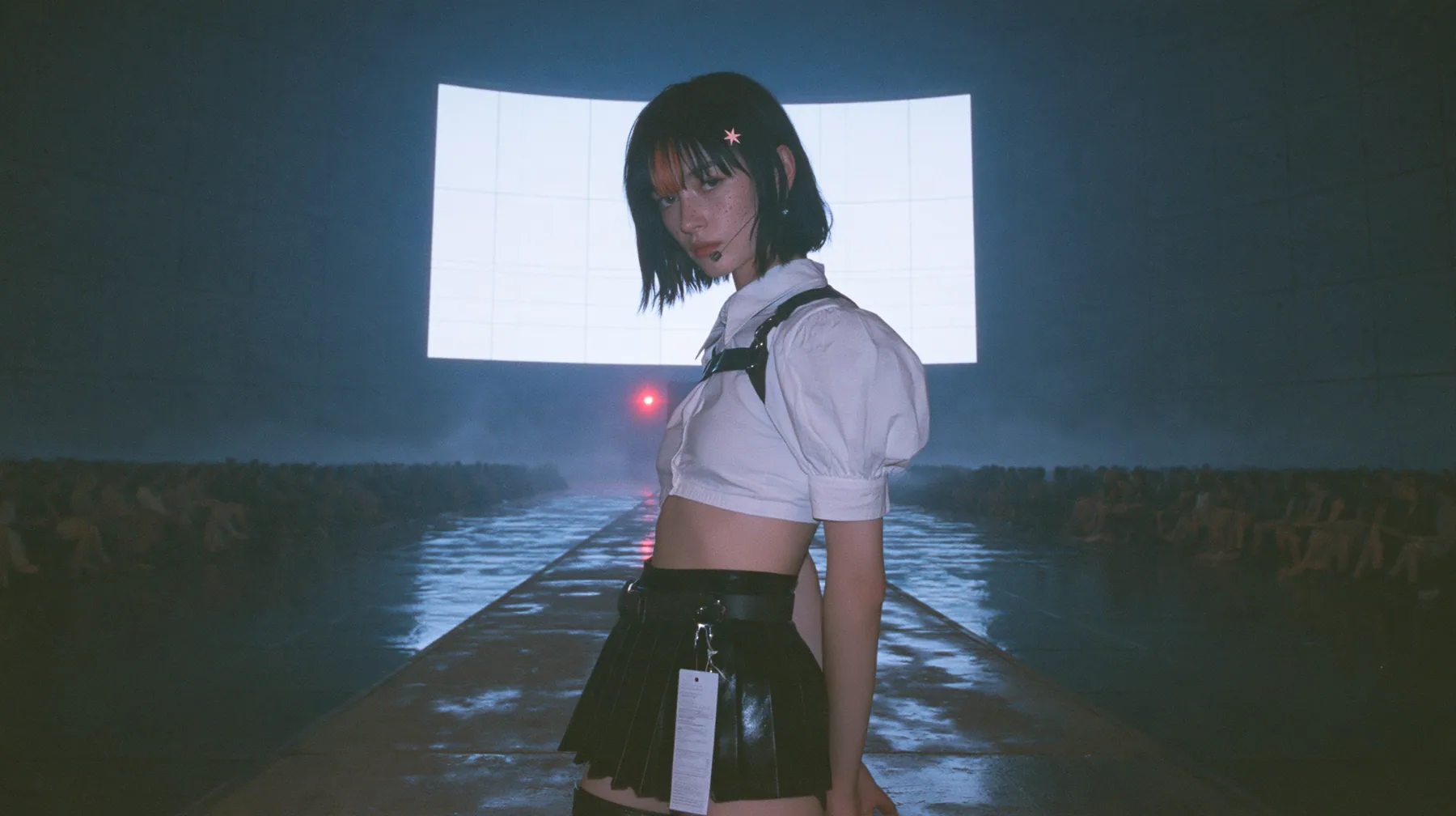 a vast dark data hall in one-point perspective, a narrow wet concrete catwalk running to an enormous blank white billboard panel mounted on the far wall, the panel lit by one red lamp, a young Caucasian American…