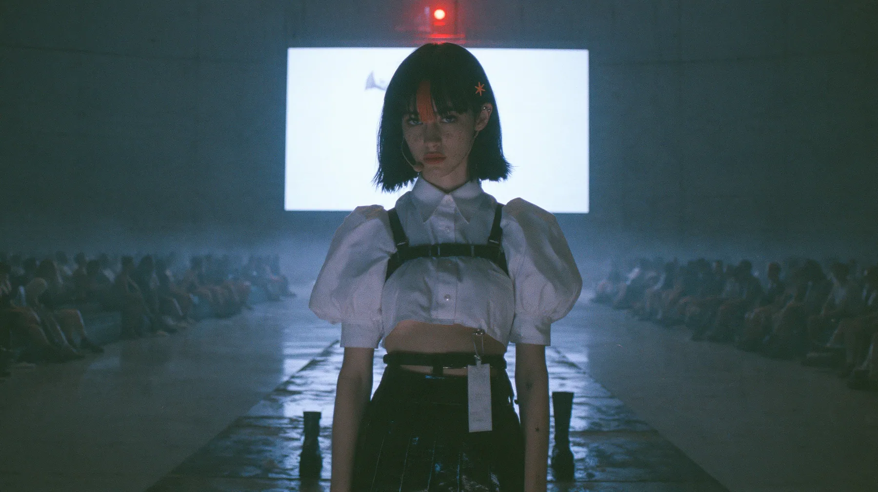 a vast dark data hall in one-point perspective, a narrow wet concrete catwalk running to an enormous blank white billboard panel mounted on the far wall, the panel lit by one red lamp, a young Caucasian American…