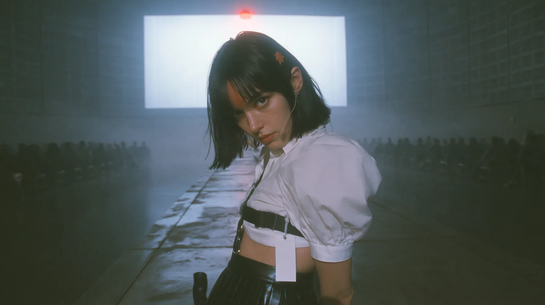 a vast dark data hall in one-point perspective, a narrow wet concrete catwalk running to an enormous blank white billboard panel mounted on the far wall, the panel lit by one red lamp, a young Caucasian American…