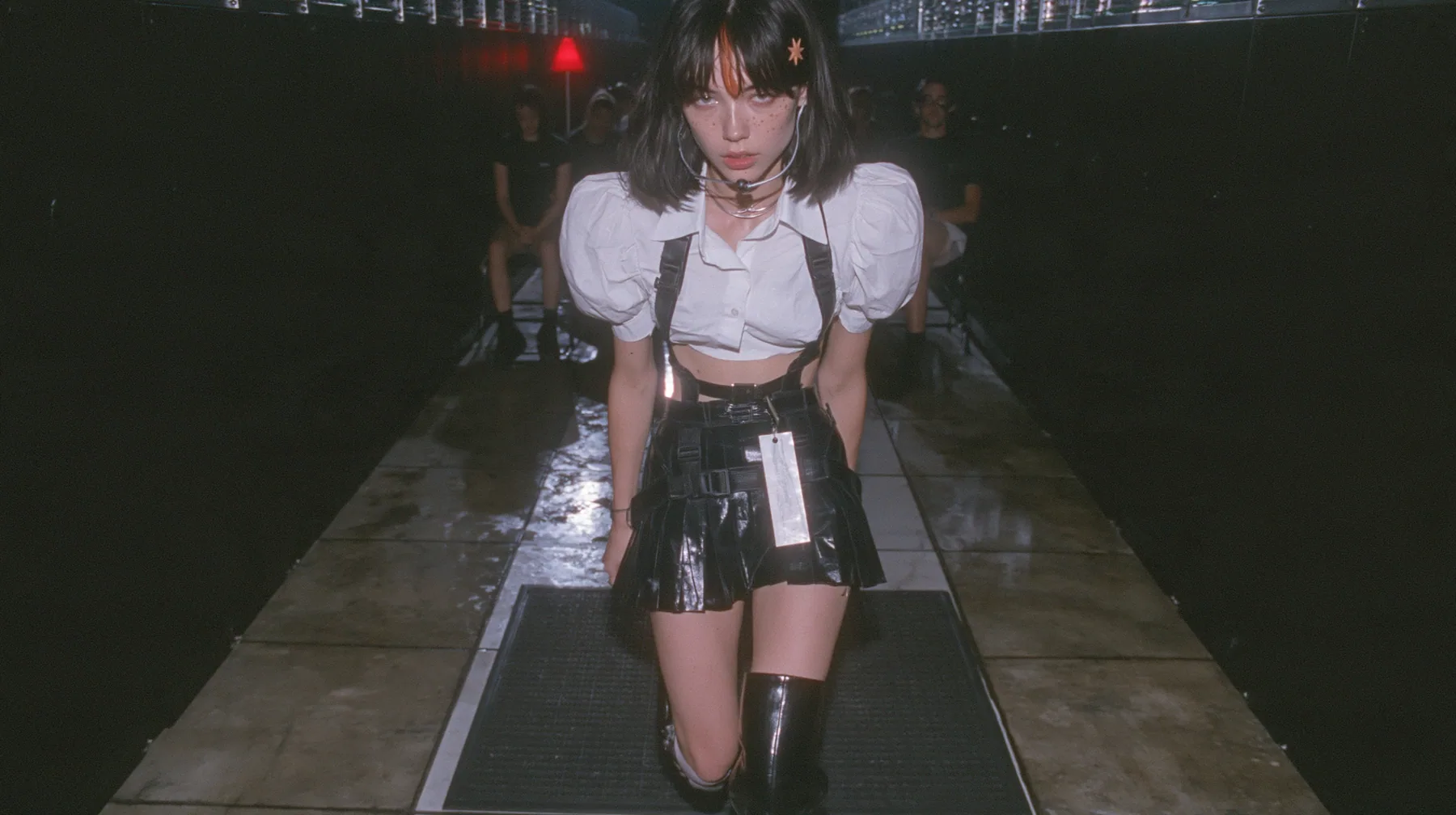 low-angle full-length view of a young Caucasian American woman with pale skin and light freckles, a glossy black blunt jaw-length bob with heavy bangs and one clay-orange streak through the bangs, a small flat…