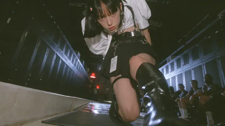 low-angle full-length view of a young Caucasian American woman with pale skin and light freckles, a glossy black blunt jaw-length bob with heavy bangs and one clay-orange streak through the bangs, a small flat…