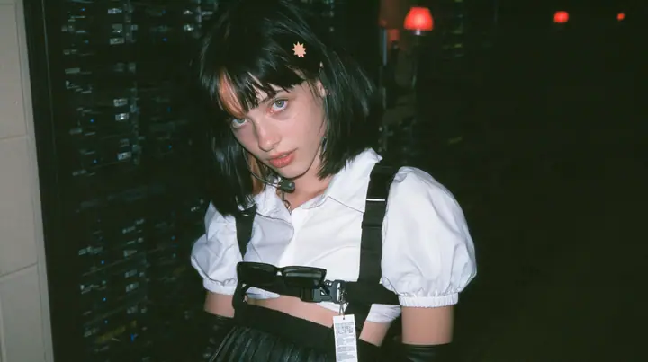 medium close-up of a young Caucasian American woman with pale skin and light freckles, a glossy black blunt jaw-length bob with heavy bangs and one clay-orange streak through the bangs, a small flat clay-orange…