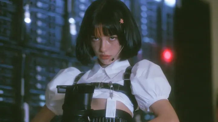 medium close-up of a young Caucasian American woman with pale skin and light freckles, a glossy black blunt jaw-length bob with heavy bangs and one clay-orange streak through the bangs, a small flat clay-orange…