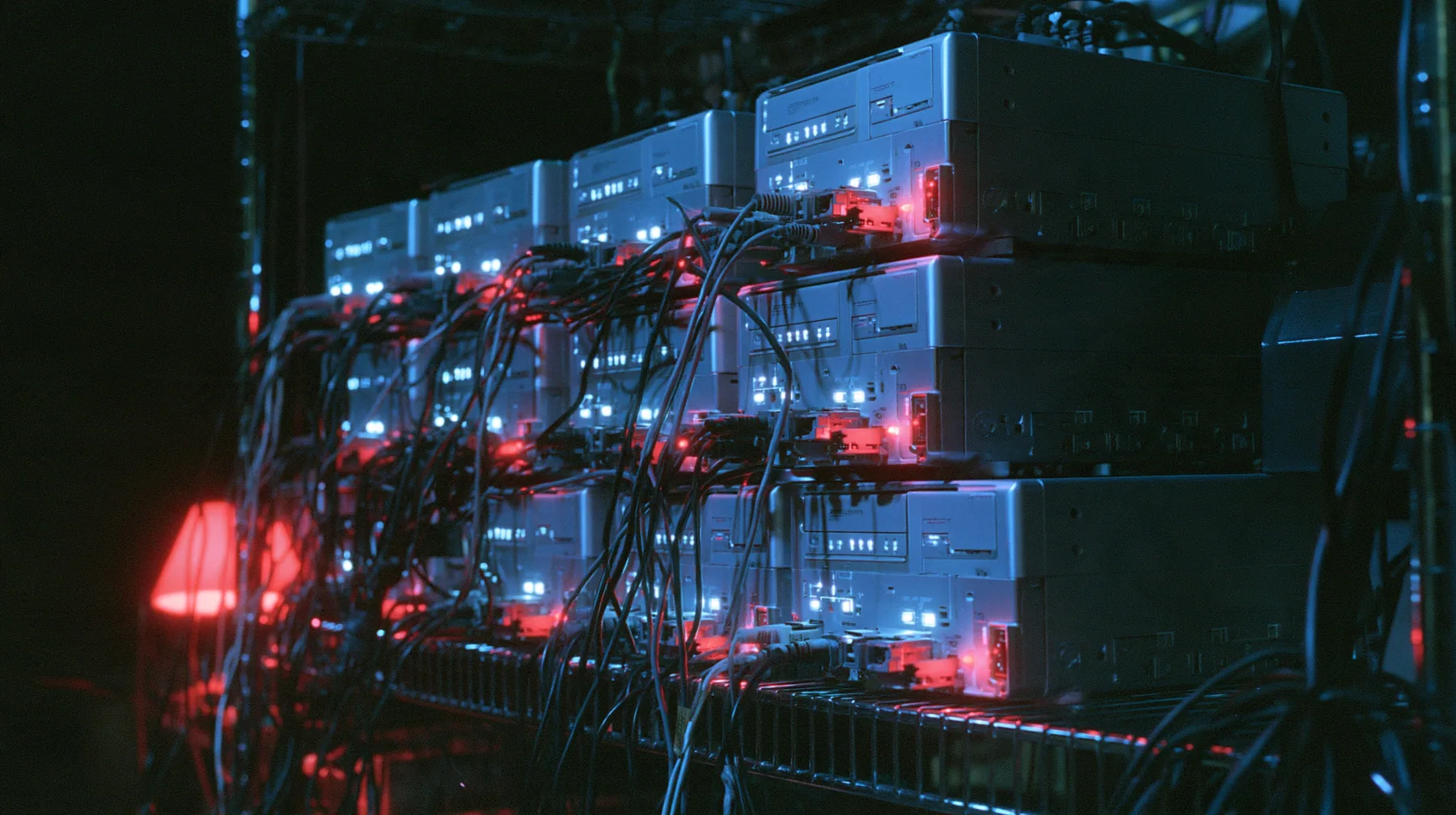 macro of thirteen small square silver desktop computers stacked on a wire shelf, each with a tiny white status light and one red, tangled cables, hacker house at night, the left third dark, blue-black #0f1216 and…