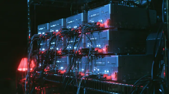 macro of thirteen small square silver desktop computers stacked on a wire shelf, each with a tiny white status light and one red, tangled cables, hacker house at night, the left third dark, blue-black #0f1216 and…