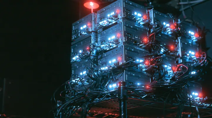 macro of thirteen small square silver desktop computers stacked on a wire shelf, each with a tiny white status light and one red, tangled cables, hacker house at night, the left third dark, blue-black #0f1216 and…