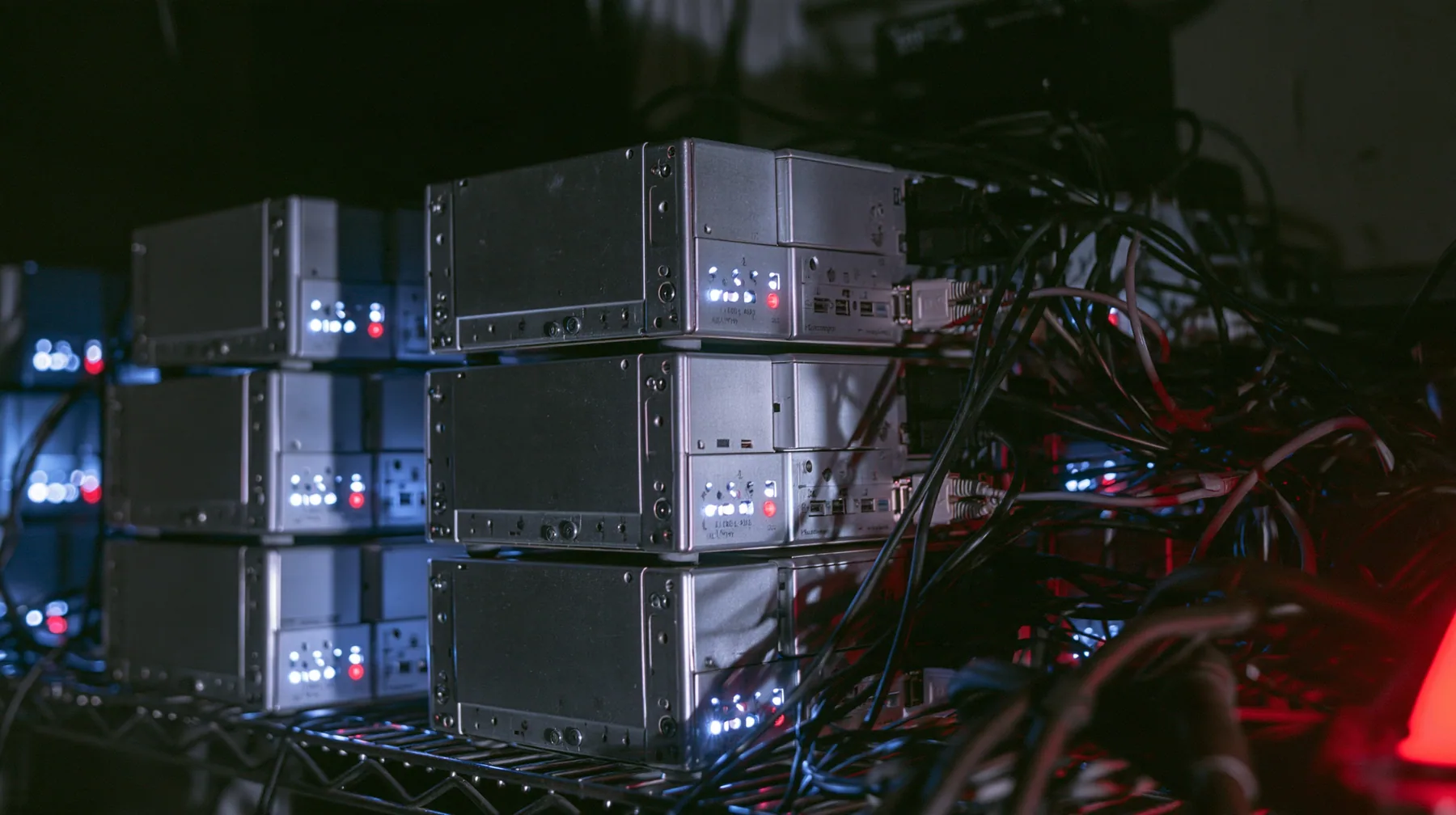 macro of thirteen small square silver desktop computers stacked on a wire shelf, each with a tiny white status light and one red, tangled cables, hacker house at night, the left third dark, blue-black #0f1216 and…