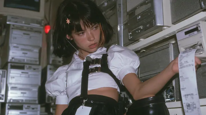 a young Caucasian American woman with pale skin and light freckles, a glossy black blunt jaw-length bob with heavy bangs and one clay-orange streak through the bangs, a small flat clay-orange eight-pointed star hair…