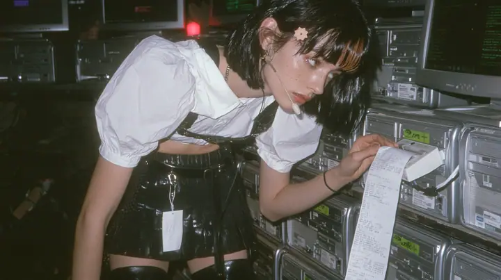 a young Caucasian American woman with pale skin and light freckles, a glossy black blunt jaw-length bob with heavy bangs and one clay-orange streak through the bangs, a small flat clay-orange eight-pointed star hair…