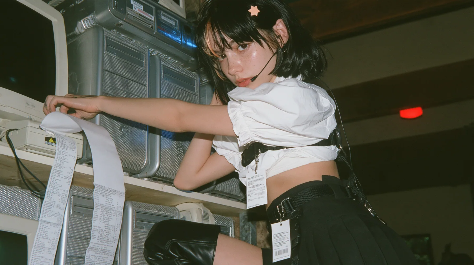 a young Caucasian American woman with pale skin and light freckles, a glossy black blunt jaw-length bob with heavy bangs and one clay-orange streak through the bangs, a small flat clay-orange eight-pointed star hair…