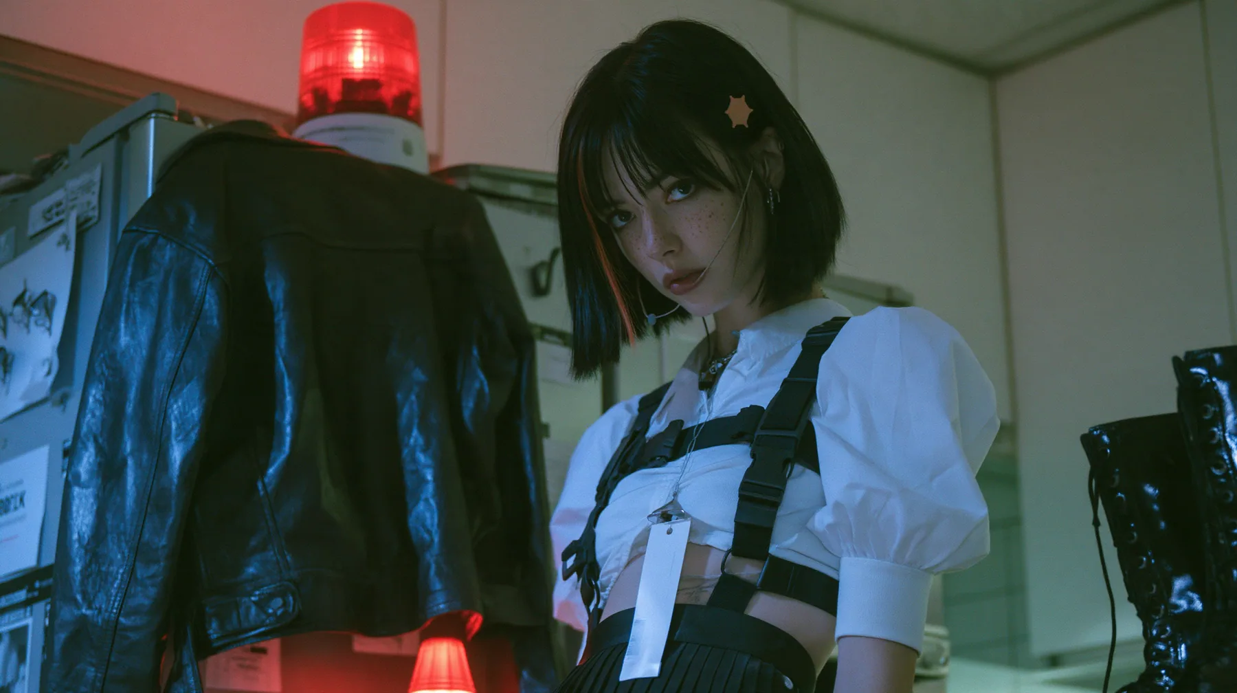 a black leather jacket hanging alone on a hook in a hacker house kitchen at night, a rotating red alarm beacon on top of a fridge, a young Caucasian American woman with pale skin and light freckles, a glossy black…