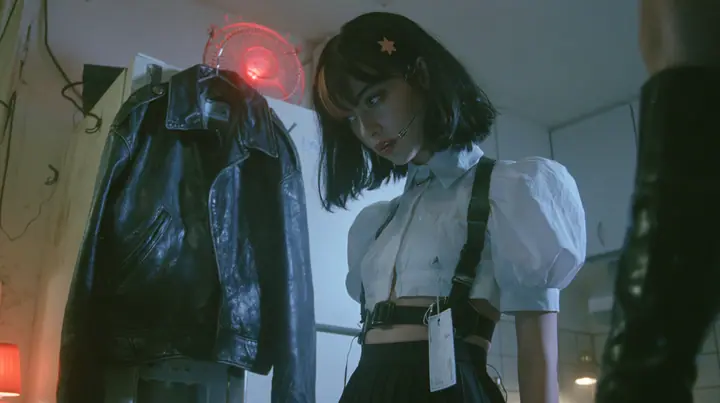 a black leather jacket hanging alone on a hook in a hacker house kitchen at night, a rotating red alarm beacon on top of a fridge, a young Caucasian American woman with pale skin and light freckles, a glossy black…